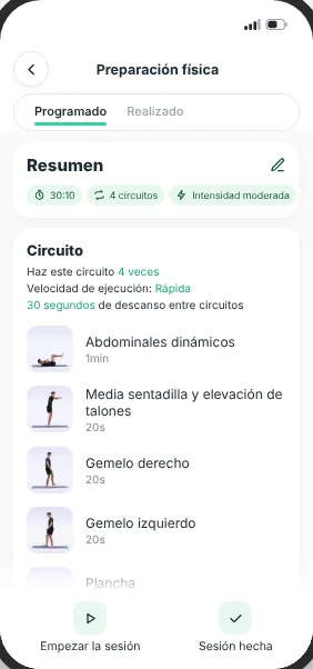 Sesión de fortalecimiento en la app RunMotion Coach