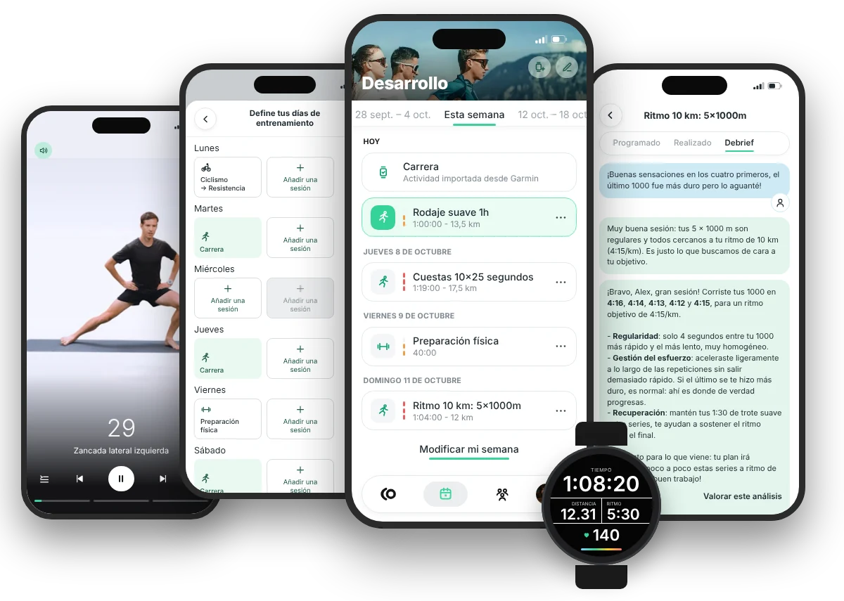 Cuatro pantallas de la app RunMotion Coach: plan semanal, sesión, análisis y fortalecimiento