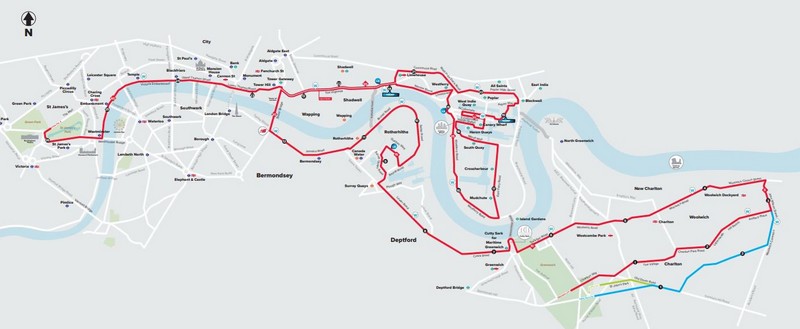 Mapa del recorrido del Maratón de Londres, ruta oficial de carrera urbana para runners.