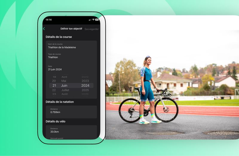 Triatleta entrenando natacion, ciclismo y carrera con plan semanal de sprint a ironman.