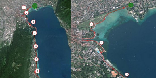 Corredores haciendo running y trail por la orilla del lago de Annecy con vistas panorámicas.