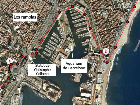 Corredor en la ruta olimpica por Barceloneta y el puerto de Barcelona junto a la playa.