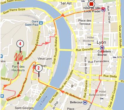 Corredor en ruta de running por la colina de Fourviere, con panorama de Lyon y puntos culturales.